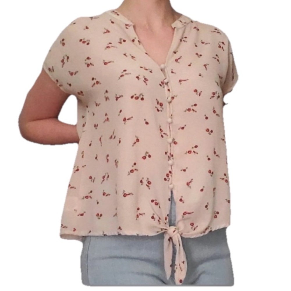 PINK ROSE | Button Down Floral Blouse Tie-Front XL